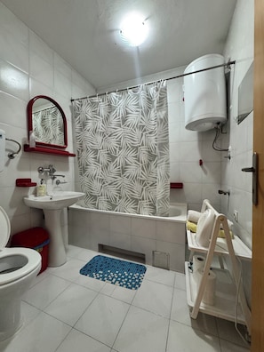 Hair dryer, towels, soap, toilet paper
