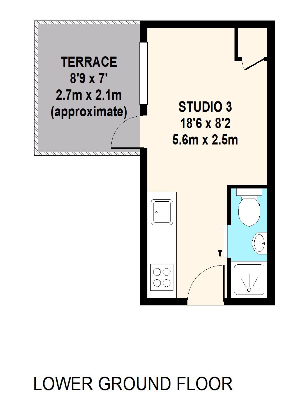 A lower ground floor layout with a terrace measuring 8'9 x 7' and a studio measuring 18'6 x 8'2.