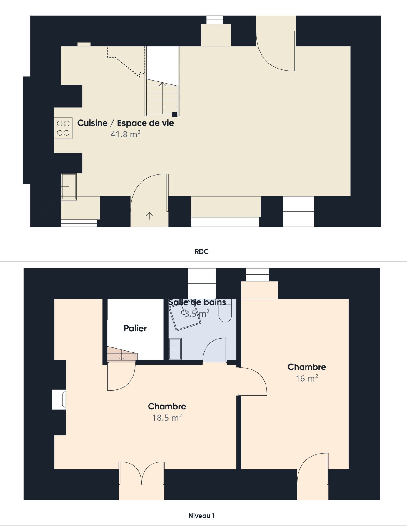 Plano de planta de un hotel con cocina/comedor de 41,8 m², un baño de 3,5 m², una sala de estar de 18,5 m², un dormitorio de 16 m² y otro baño de 16 m².