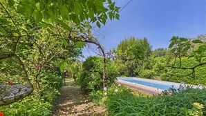 A garden path leading to a swimming pool surrounded by lush greenery and trees.