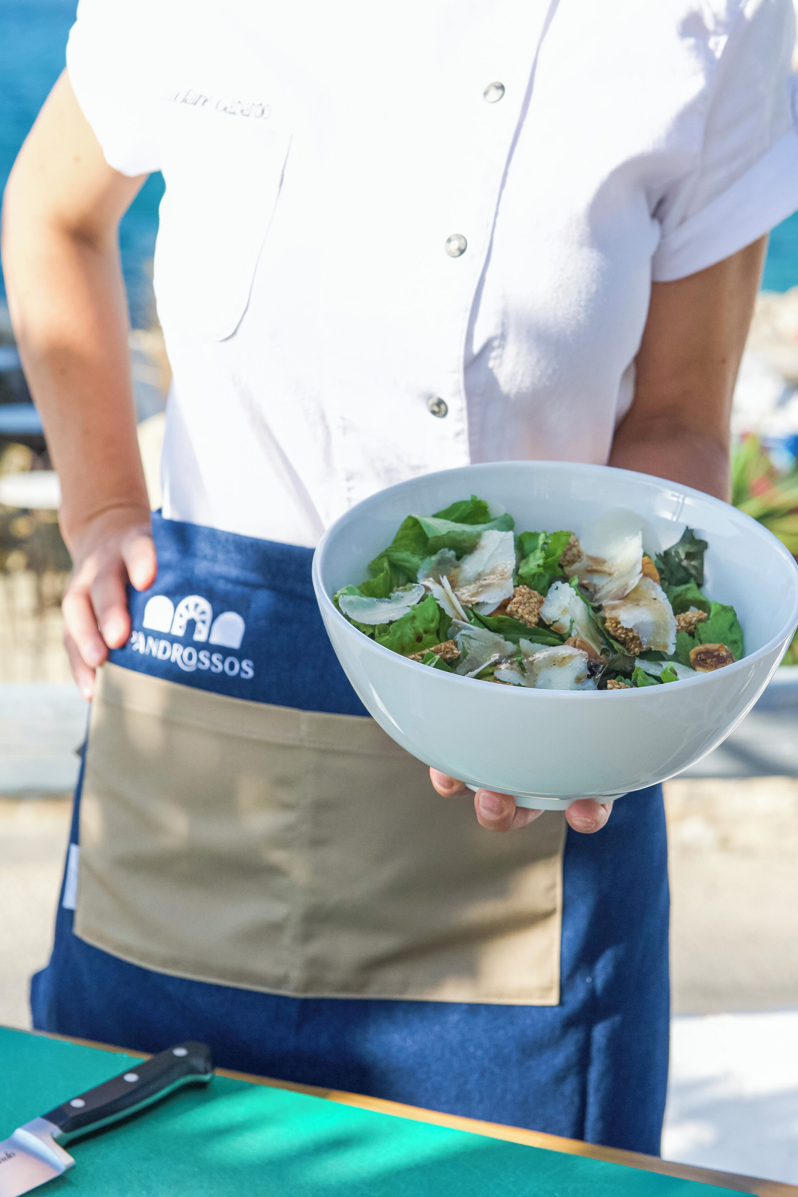 Una persona sosteniendo un bol de ensalada, usando un delantal azul con el logotipo 'ANDROSSOS'.