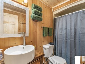 Bathroom features a sink, toilet, and shower area with towels.
