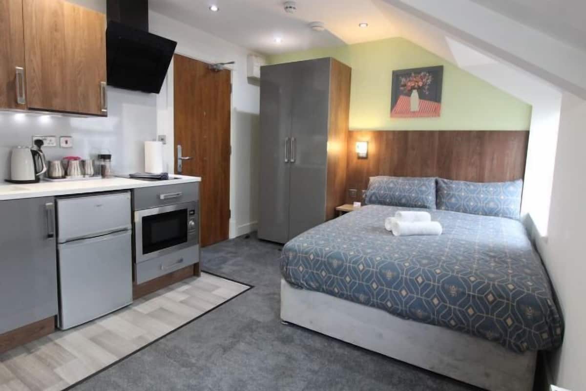 A compact bedroom with a bed, a wardrobe, a kitchenette, and a small bathroom.
