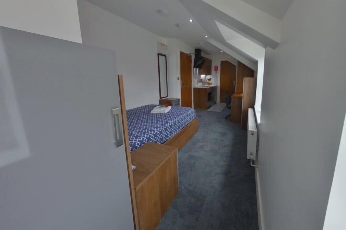 A compact hotel room with a bunk bed, a kitchenette, and a small bathroom.