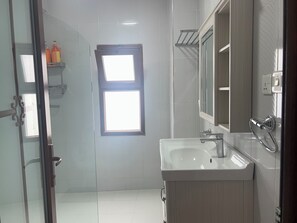 Deluxe Condo, Balcony, City View | Bathroom - Mango restaurant and apartment hotel (Zanzibar Town)