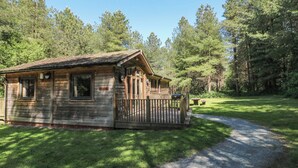 A rustic cabin with a porch, surrounded by a forest. - Sycamore Lodge (Swadlincote)