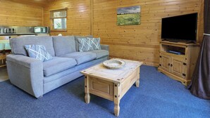 A cozy cabin interior with a wooden ceiling, a sofa with patterned cushions, a small wooden table, a television on a wooden stand, and a kitchen area with a microwave and toaster. - Cedar Lodge (Swadlincote)