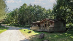 A rustic cabin with a wooden deck and large windows, surrounded by dense forest. - Cedar Lodge (Swadlincote)