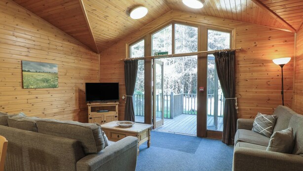 A cozy cabin interior with wooden walls, a television on a wooden stand, two sofas, and a large sliding glass door leading to a deck. - Cedar Lodge (Swadlincote)