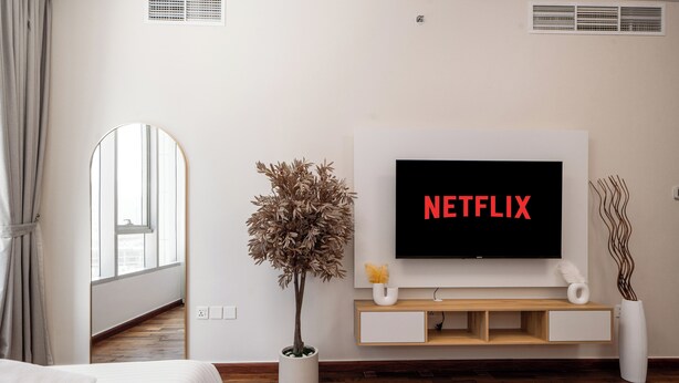 A modern hotel room with a large flat-screen TV, a potted plant, and a neatly made bed.