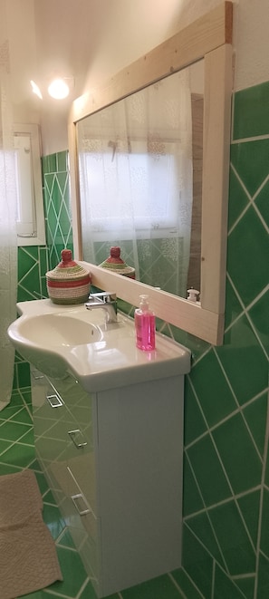 Hair dryer, bidet, towels, soap