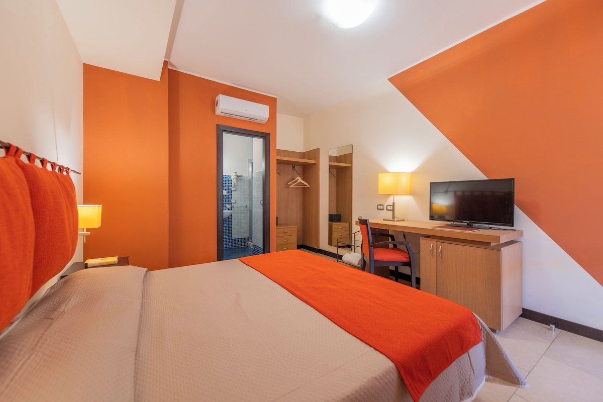 Habitación de hotel con cama, escritorio, silla, televisor y armario.