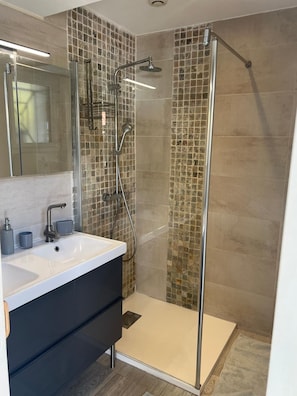 Hair dryer, towels, soap, toilet paper
