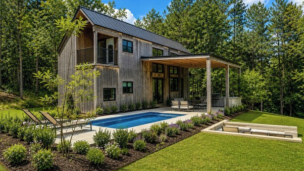 A wooden house with a pool, patio, and surrounding greenery. - 65 Acres: Secluded 'avian Acres' Cabin w/ Pool! (Burkeville)