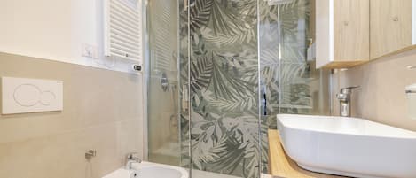 Shower, hair dryer, bidet, towels