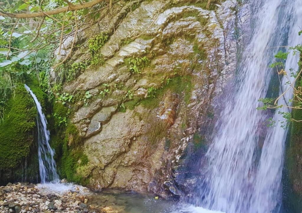 A natural waterfall with a rocky cliff and greenery.