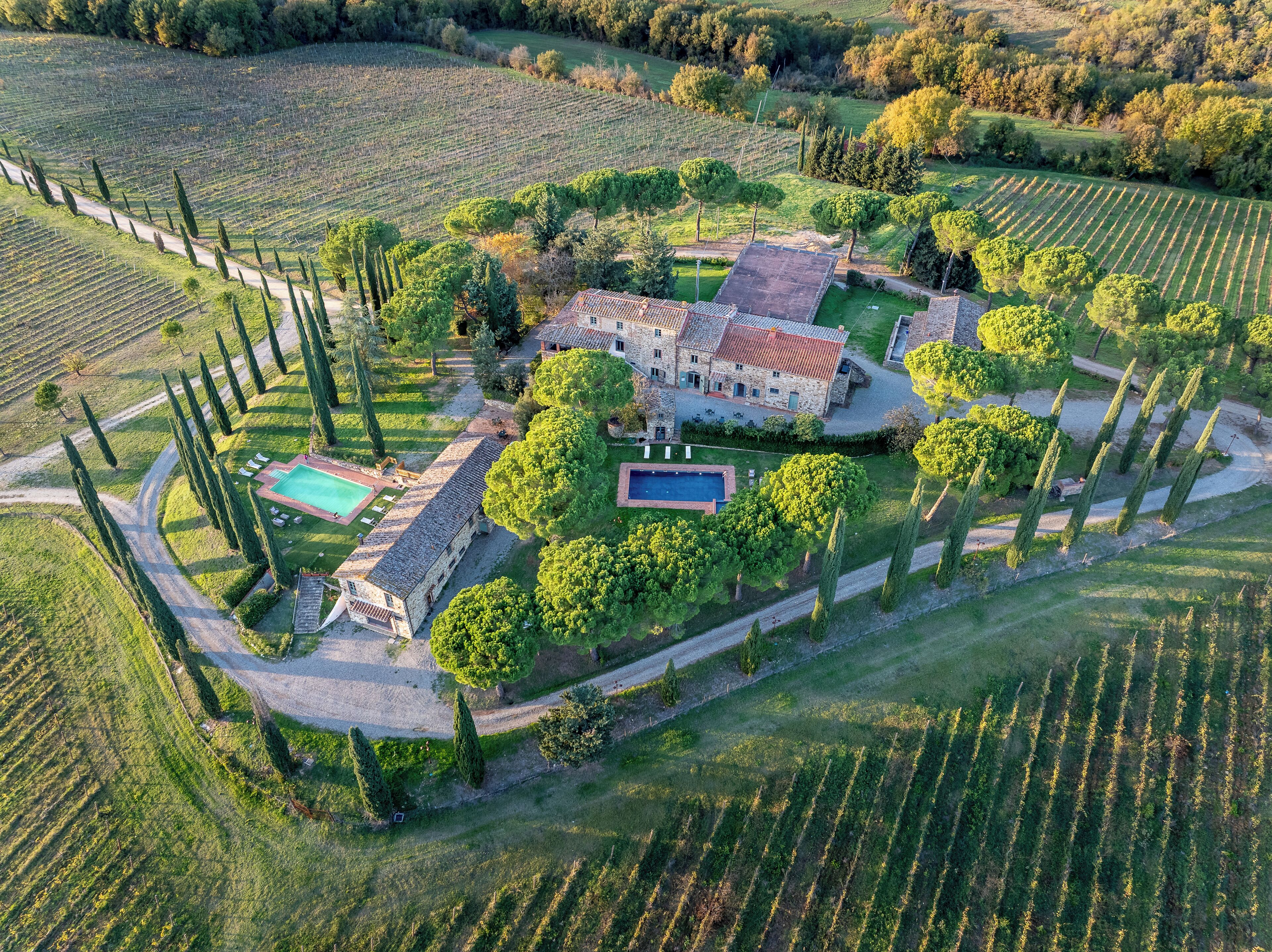 An aerial view of a large estate with multiple buildings, a swimming pool, and extensive vineyard fields.