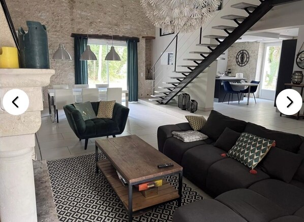 Smart TV, fireplace, books