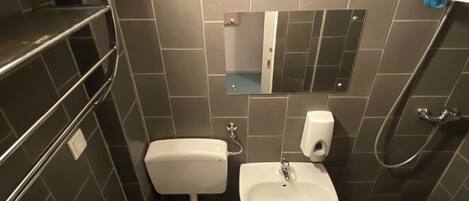 Ein kleines Badezimmer mit Toilette, Waschbecken und Dusche.