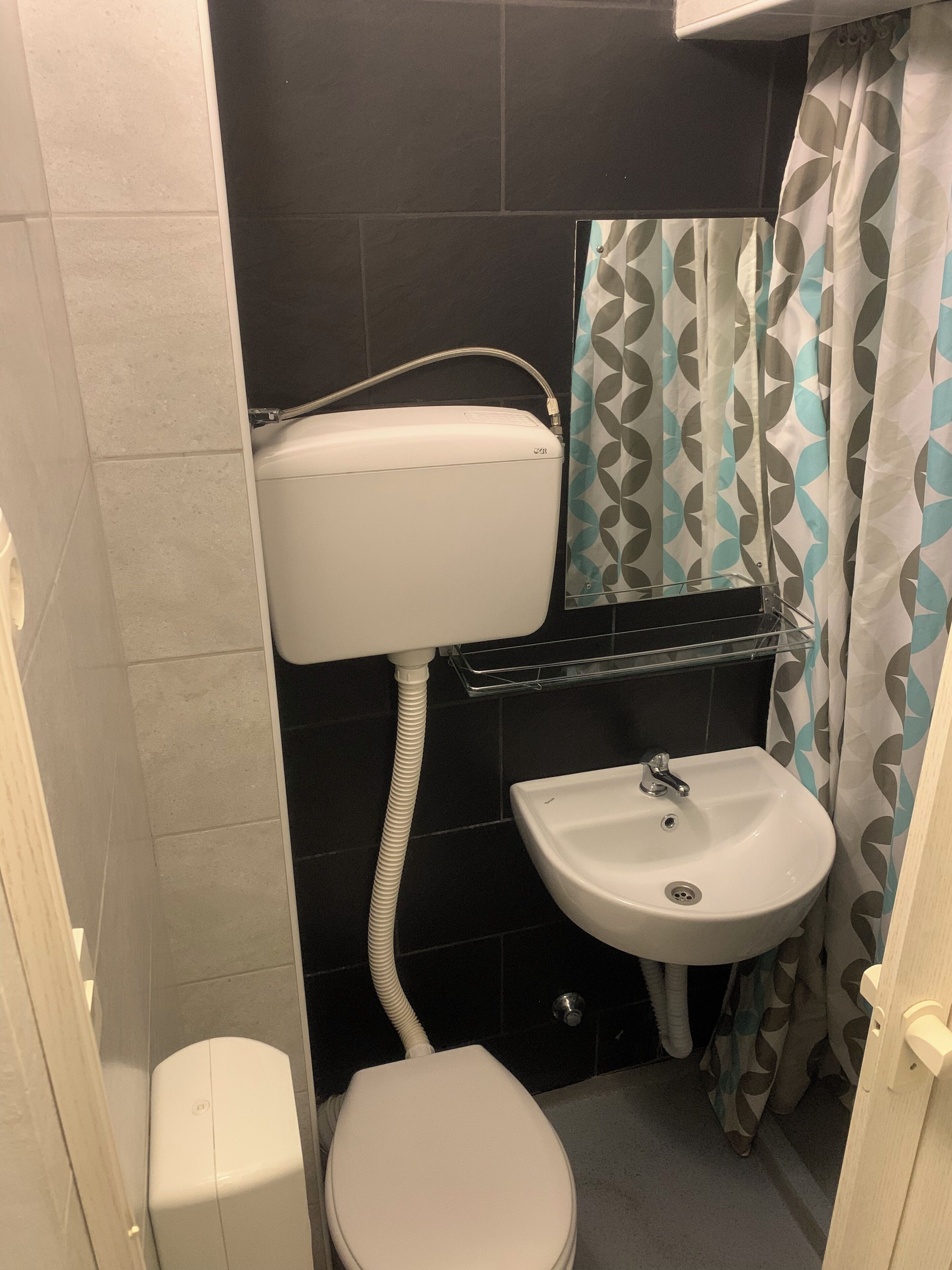 A small bathroom with a toilet, sink, and shower curtain.