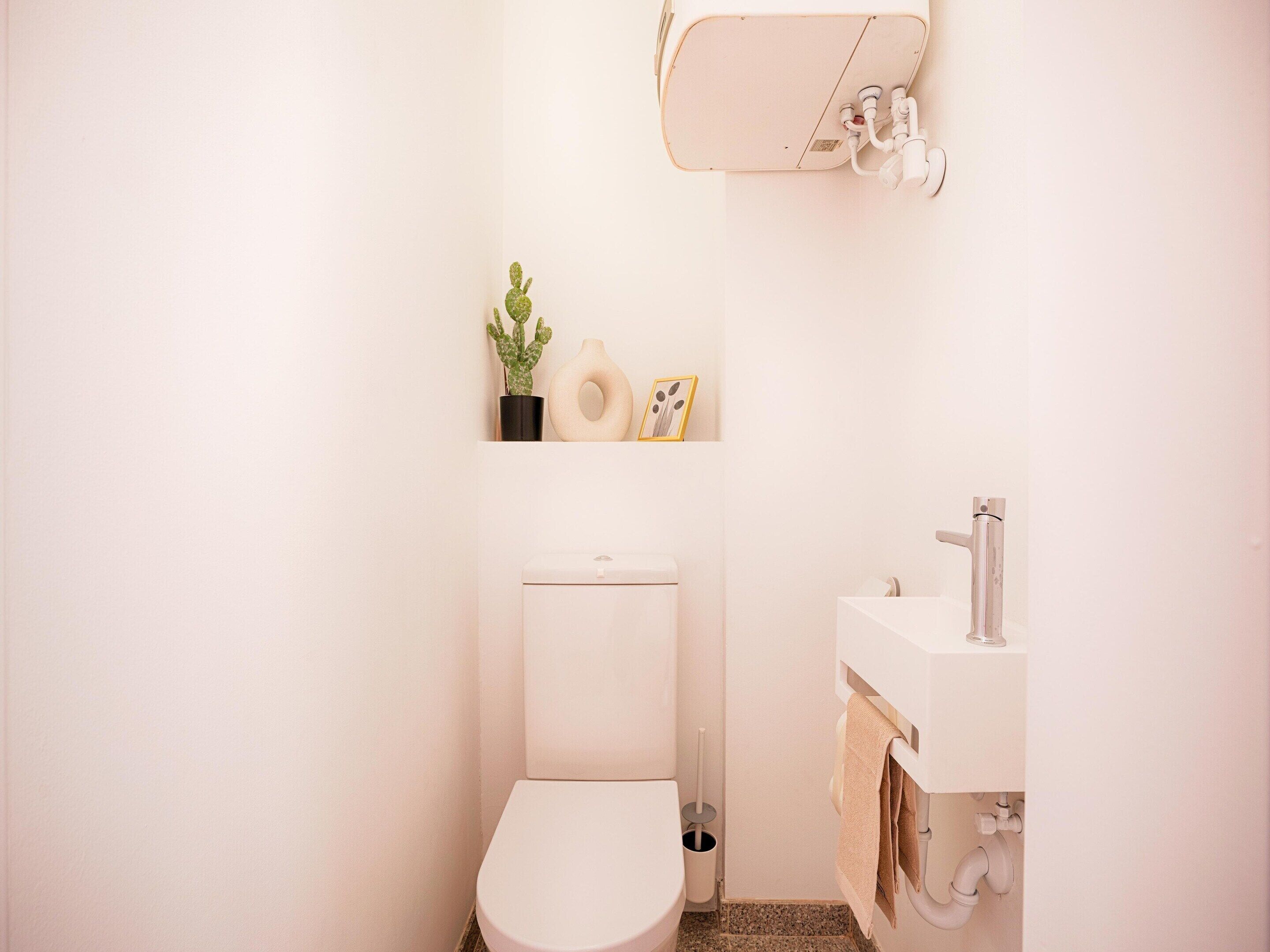 A small, white bathroom with a toilet, sink, and a shelf above the toilet holding a plant, a decorative bowl, and a picture frame.