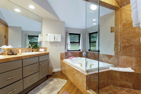 Un bagno moderno con uno specchio grande, una vasca e uno spazio doccia.