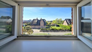 Een raam met uitzicht op een woonwijk, met huizen en een groen gazon.