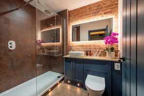 Douche, séchoir à cheveux, peignoirs, pantoufles
