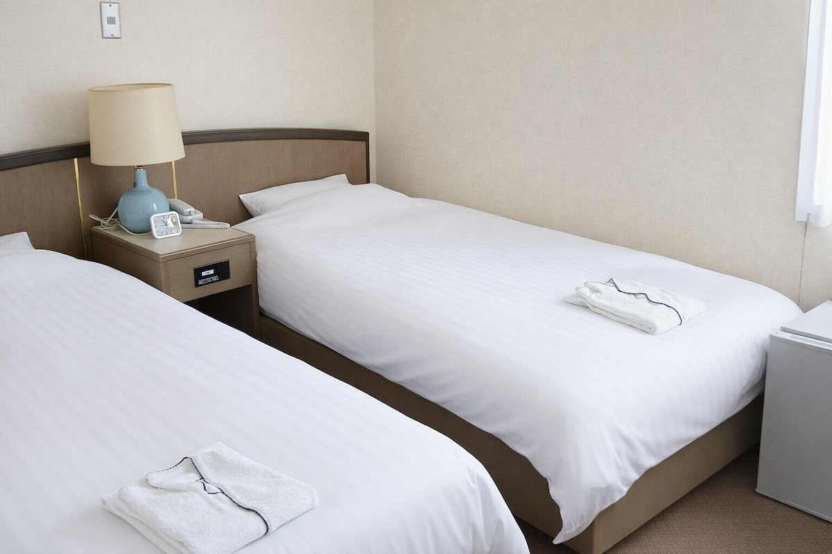 Habitación de hotel con dos camas individuales, una mesita de noche con lámpara, teléfono y un pequeño calentador.