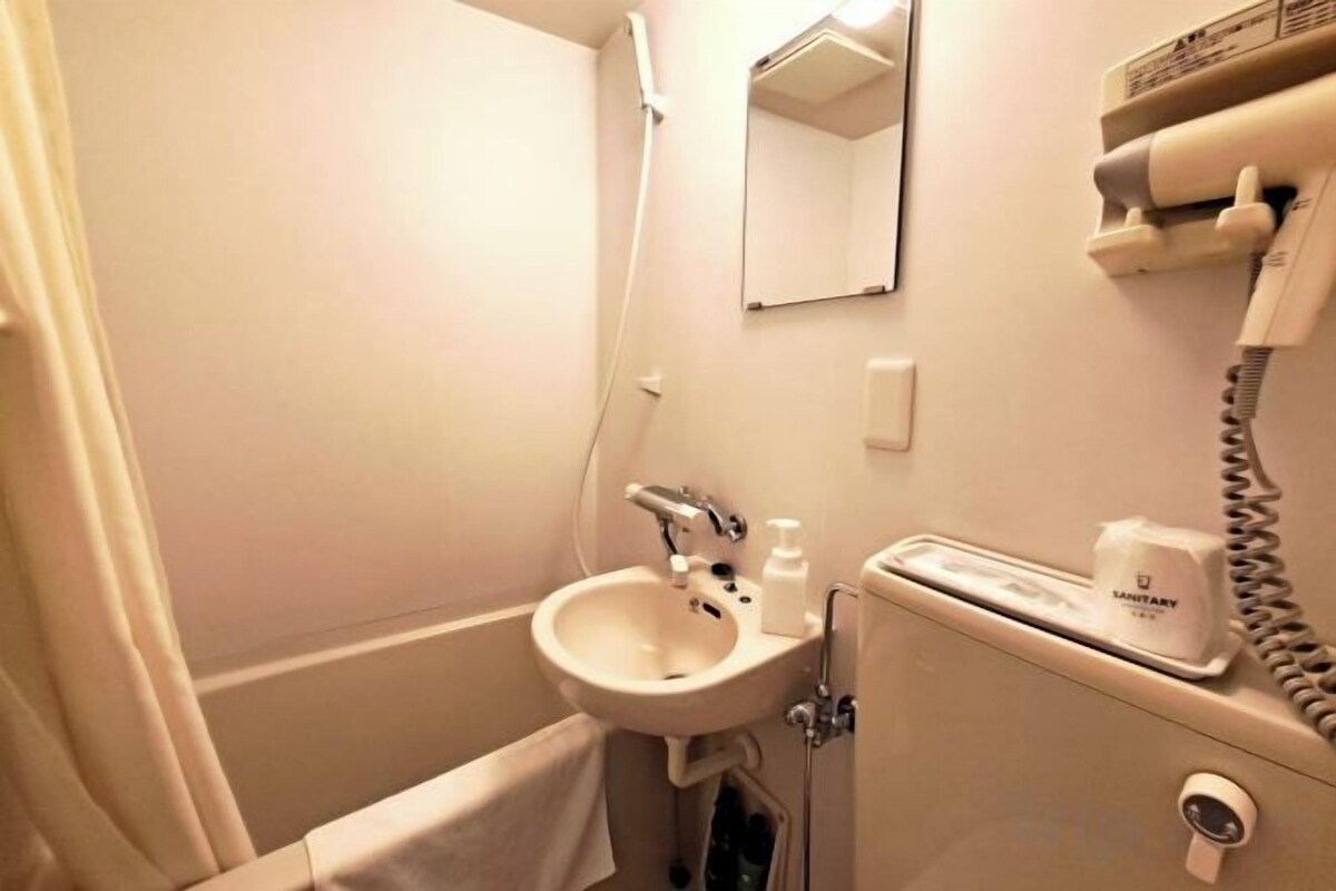 Un baño con lavamanos, espejo, toallero y secador de pelo sobre una encimera.