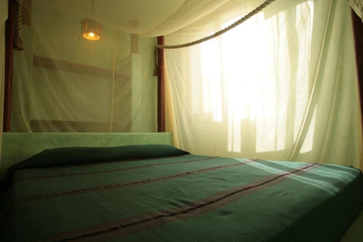 Una cama con una colcha verde y un mosquitero.