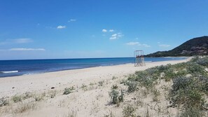 On the beach, sun loungers