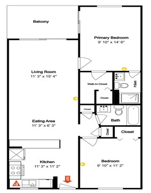 Een plattegrond van een woonhuis met een balkon, woonkamer, keuken, eetruimte, hoofdslaapkamer, logeerkamer, inloopkast en badkamer.
