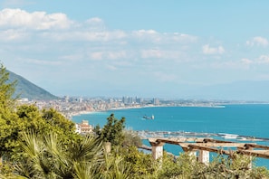 A coastal cityscape with a view of the sea, a pier, and a mountainous backdrop. - Terrazza Aphrodite by Napoliapartments (Salerno)