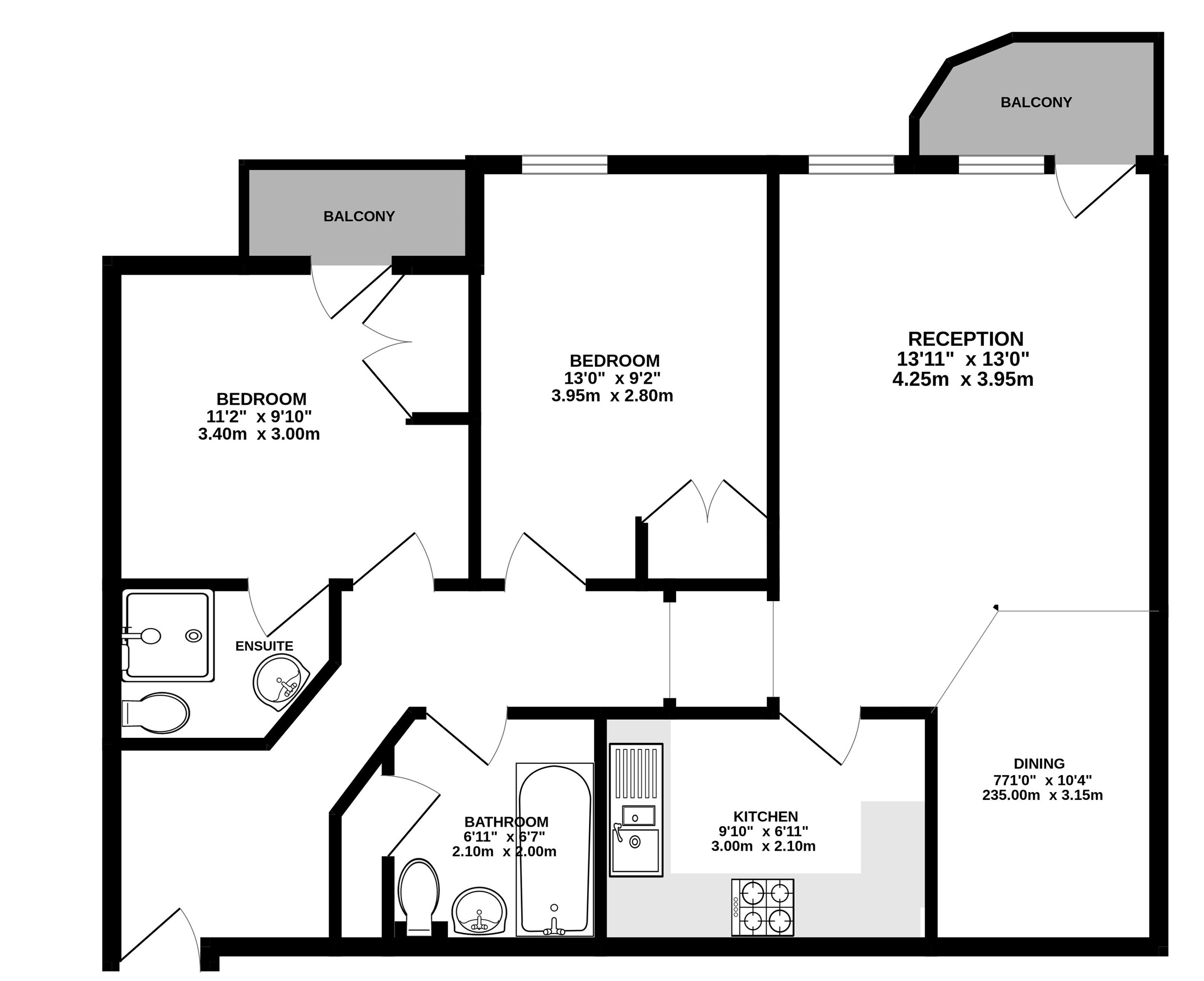 A hotel floor plan with a bedroom, bathroom, ensuite, balcony, reception, dining, and kitchen areas.