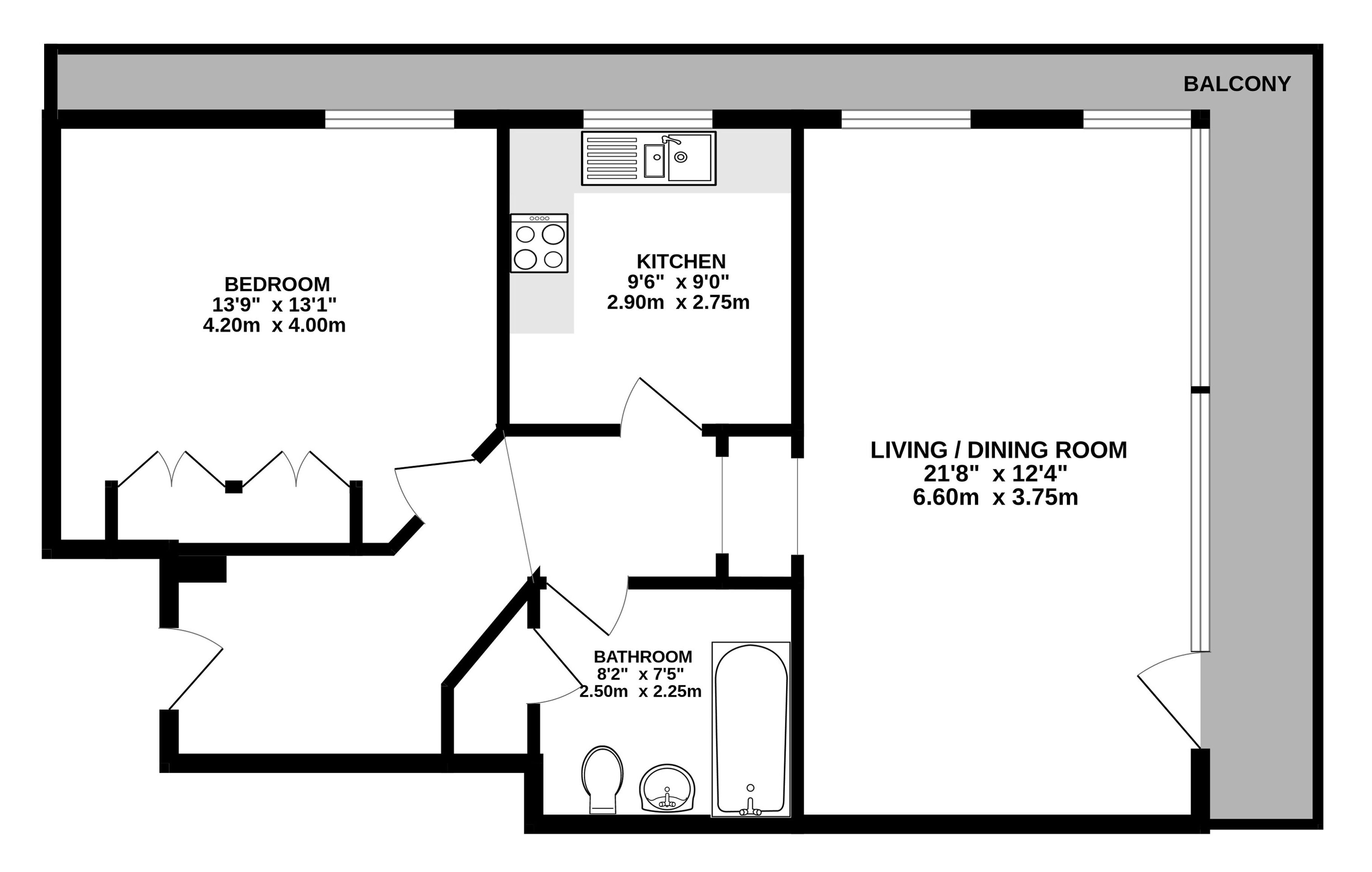 Plano de planta que muestra un dormitorio, cocina, sala de estar/comedor y baño.