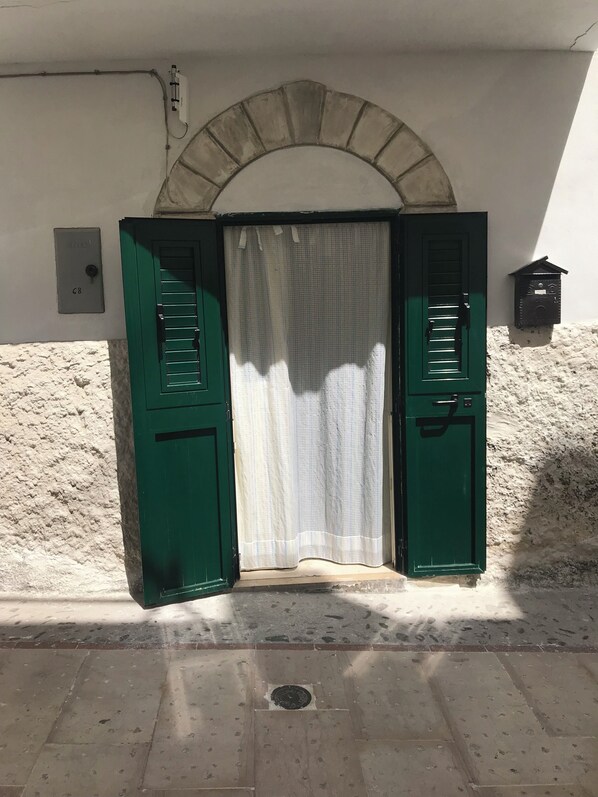 A green door with a white curtain, a small mailbox, and a utility box on a white wall.