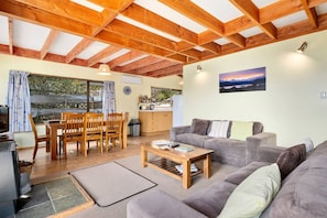 Smart TV, fireplace, books