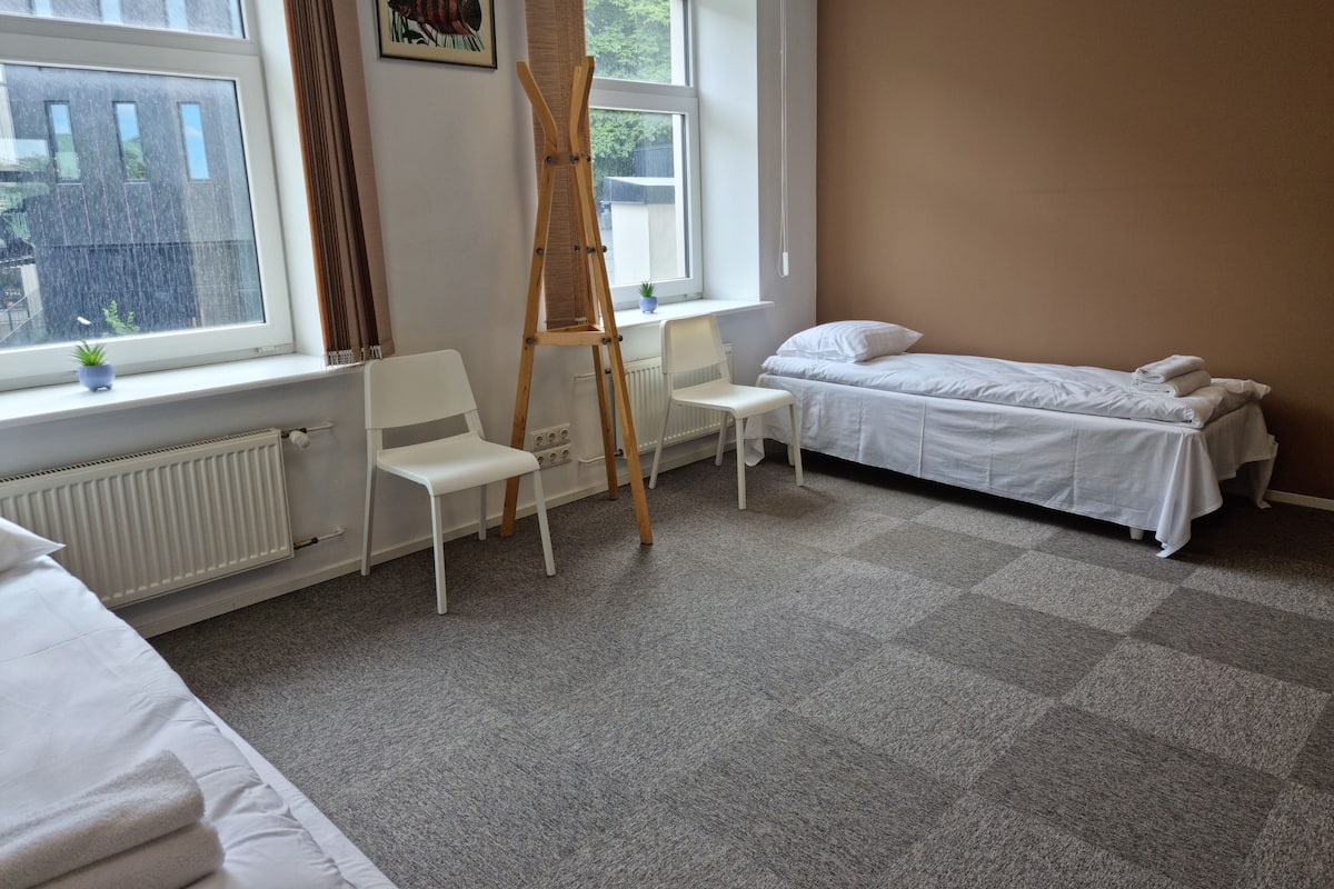 Een kamer met een bed, een bureau, een stoel, een ladder en een raam.
