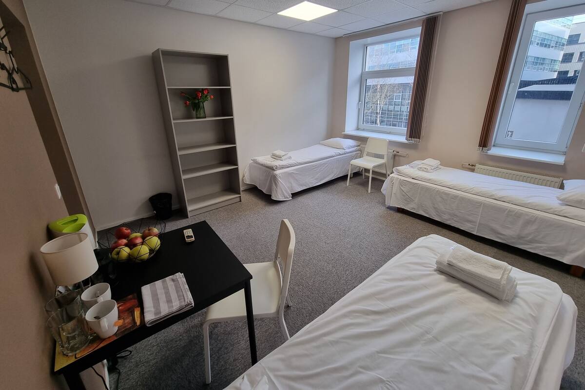 Hotelkamer met twee eenpersoonsbedden, een bureau met stoel, een boekenkast en een raam met uitzicht op gebouwen.