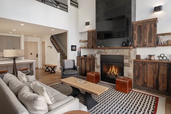 Smart TV, fireplace, books