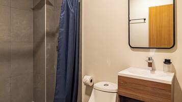 Un baño moderno con ducha, inodoro y lavamanos.