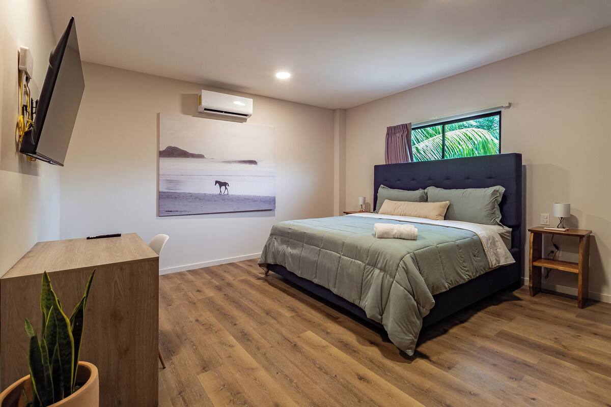 Quarto com cama, televisão montada na parede, ar condicionado, janela com cortinas e planta em vaso.