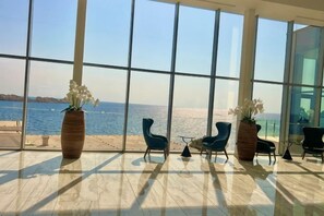A spacious room with large windows, two potted plants, and three chairs. - Royal Neptun Hotel (Dubrovnik)