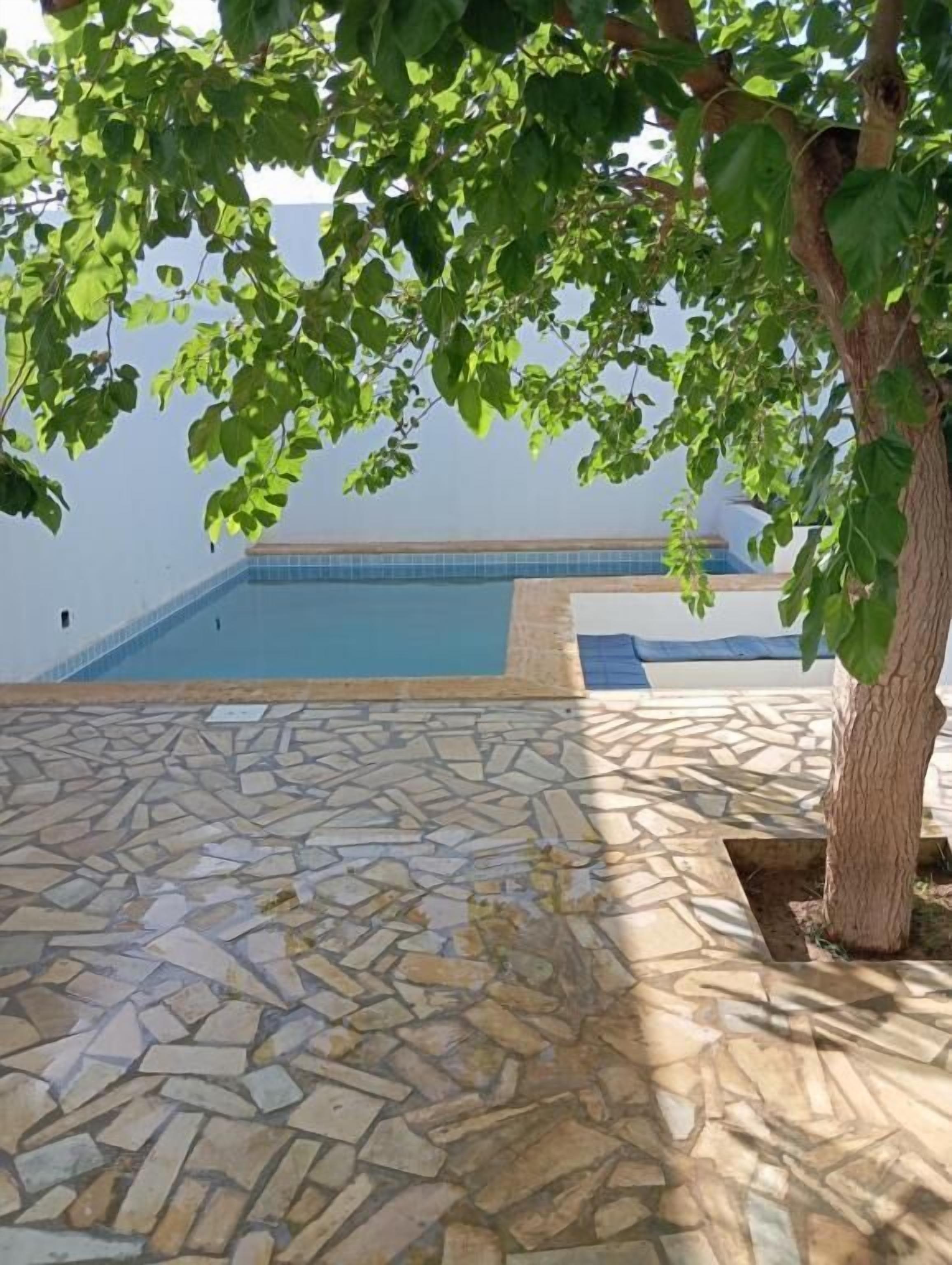 Zona de piscina con suelo de piedra y un árbol en primer plano.