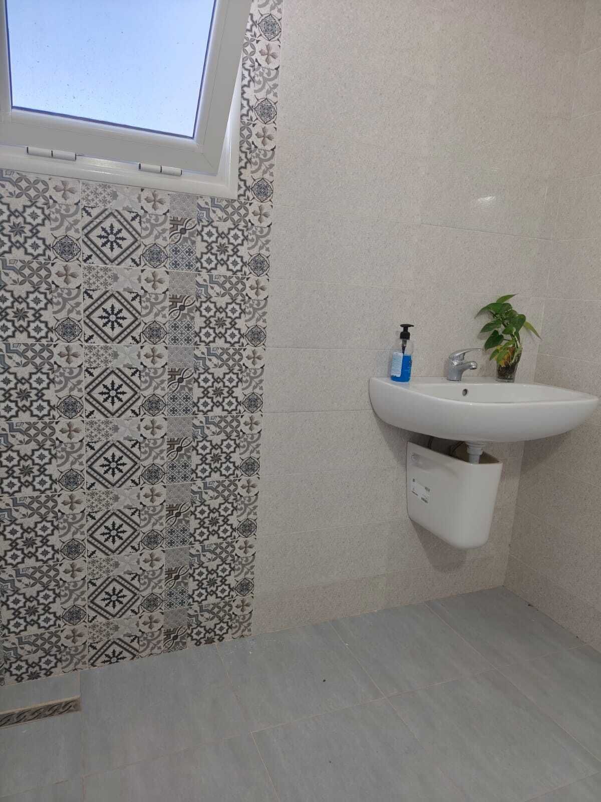 A bathroom with patterned tiles, a window, a sink with a plant, and a faucet.