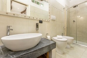 Shower, hair dryer, bidet, towels