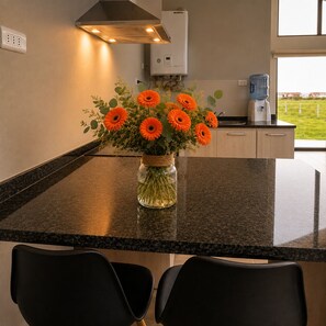 Una cocina con encimera de granito, dispensador de agua y un florero con flores naranjas.