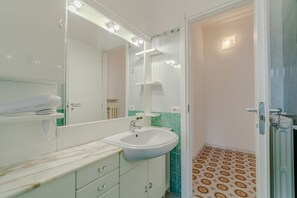 Een douche, een bidet, handdoeken