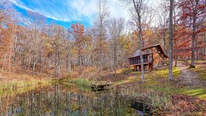 A cabin in a forest with a pond and autumn foliage.